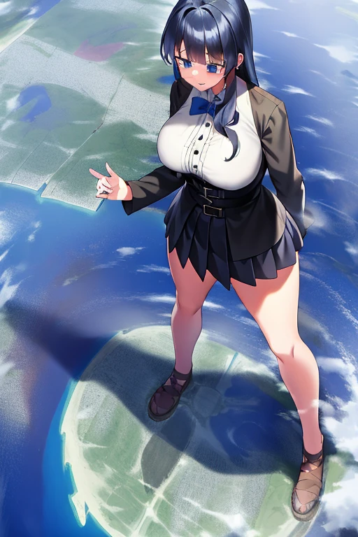 Giant娘 art, 非常に詳細なGiantショット, Giant, short hair, Giant woman bigger than a skyscraper, wearing rimless glasses, big breasts, big ass, bikini swimwear, Play with micro aircraft carriers and battleships in the land of dwarfs., full body description, GTS, giga Giant娘, Giant娘, crashed warship, small warship, micro warship, High resolution, highest quality, masterpiece,