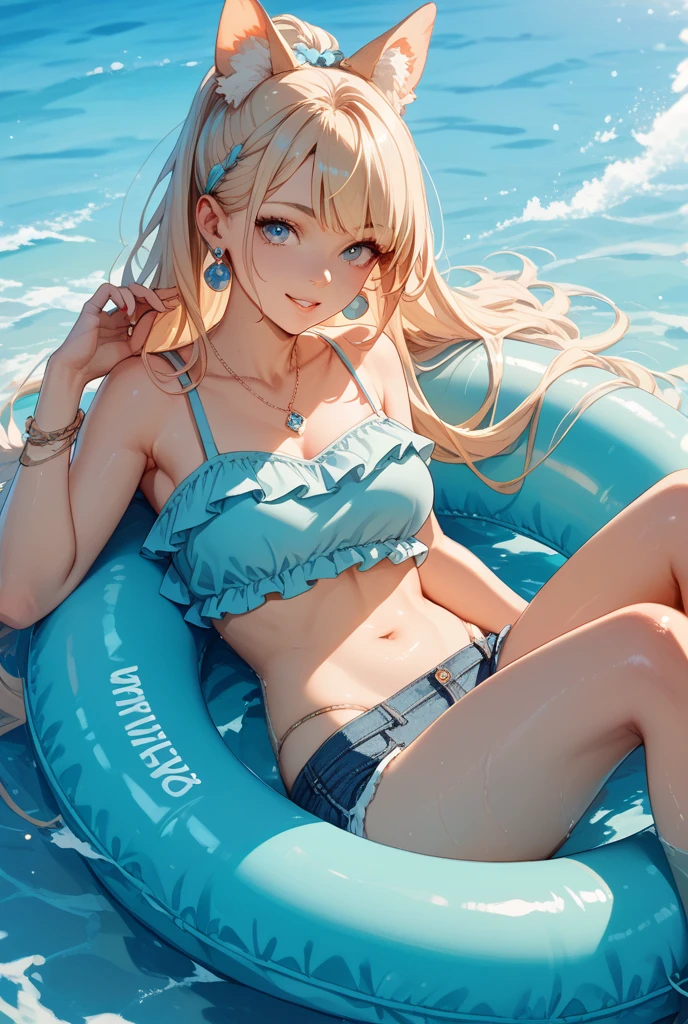 ((Highest quality)), ((masterpiece)), (detailed), 1 blonde elf witch, sexy,In the sea,innertube,Seductive pose, dynamic poze, frogs eye view, innertube,Sarong pass