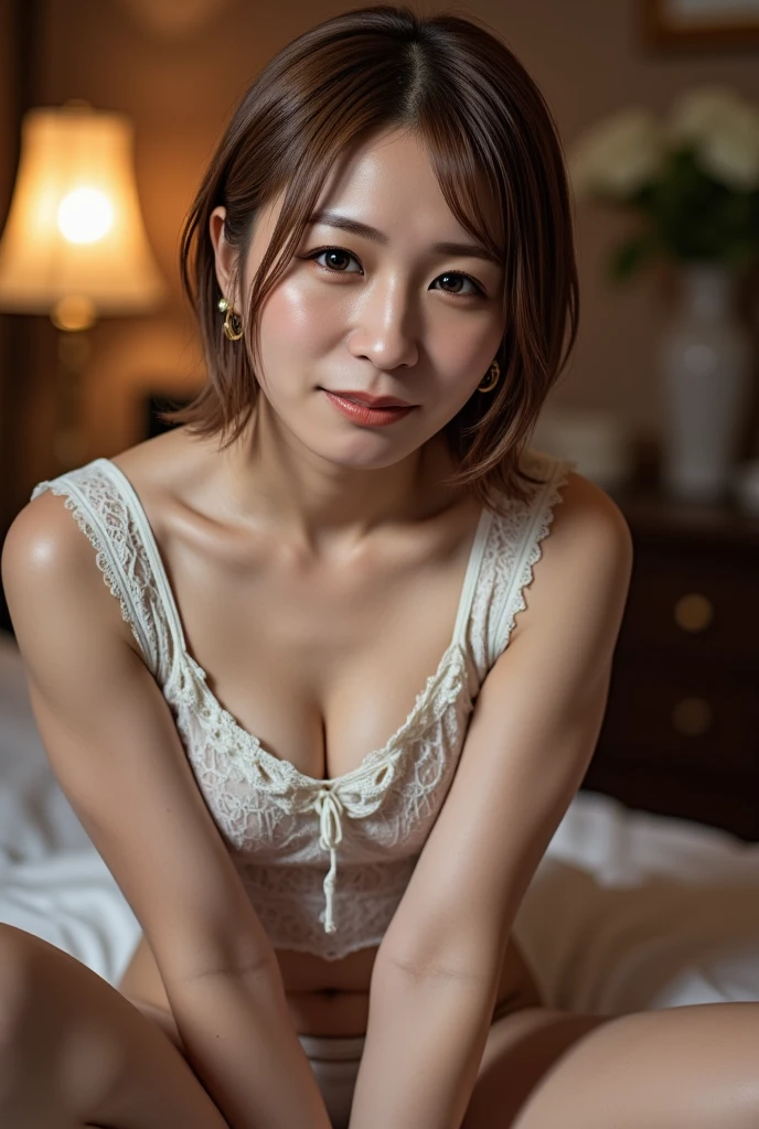 a mature beautiful japanese woman, 55 year old married woman, ((small breasts)), beautiful breasts, soft breasts, nipples, sweaty skin, ((full body emphasis)), (red lipstick), ((low ponytail)), ((pearl necklace)), (((nightdress))), functionalism, hedonism, (best quality,8k,ultra-detailed,realistic:1.37),(anti-gravity environment),portrait