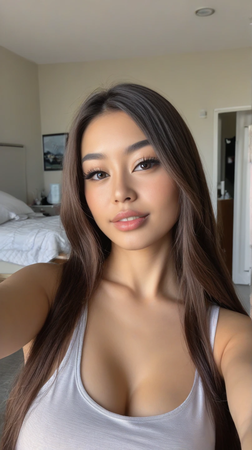 ((Big Breasts:1.2))、Great light、Beautiful lighting、Brown Hair、Blunt bangs、((Straight hair))、lingerie、Gorgeous Accessorie、Fair skin、Poses that accentuate the chest, 