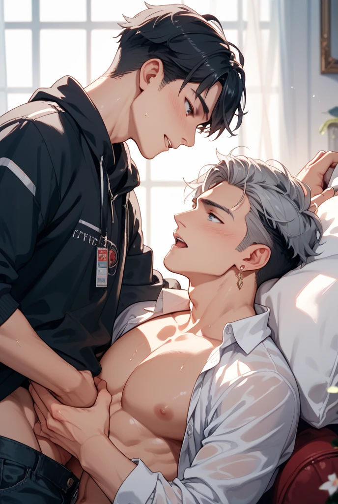 ((masterpiece, best quality, extremely detailed, highres, 8K, detailed face)), 1boy, 1man, adult man, , nsfw, undress, nipples, navel, blushing, genderswap(ftm), closed eye,(Hairless penis)(hair over 1 eye), (long bangs), (short hair), black hair, 独奏, good-looking guy, ikemen, handsome guy, cool boy, (thin but muscular), ass pov, bl, gay, yaoi, feeling love, 2boys, multiple boys, (anal sex:1.5),Hairless penis, (cowgirl-position:1.2), feelling love, feeling ecstasy, moaning, wavy mouth, open mouth, (drooling), sweating, How, (trembling), erection, spread legs, (hands between thighs):1.2, semen from Hairless penis, How in ass, ejaculating while penetrated, handsfree, interracial, projectile How, deep penetration, on bed, (dynamic angle)(Hairless penis)(((Filmed on a video camera)))