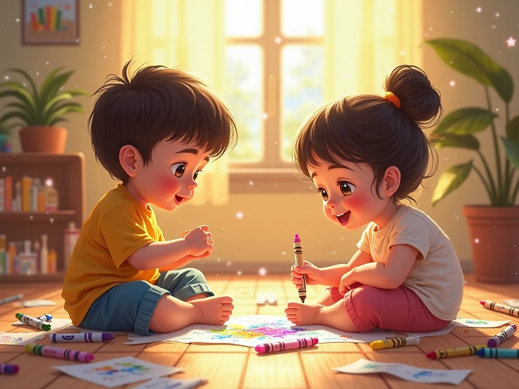 A drawing of siblings working together on a creative project, surrounded by art supplies on the floor. The room is a bright, lively space filled with colors, posters, and craft materials. Sunlight streams through a window, casting dynamic shadows. Created using: colored pencil art, vivid hues, dynamic angles, playful composition, interactive lighting, artistic mess, realistic childlike energy, hd quality --ar 16:9 --v 6.0
