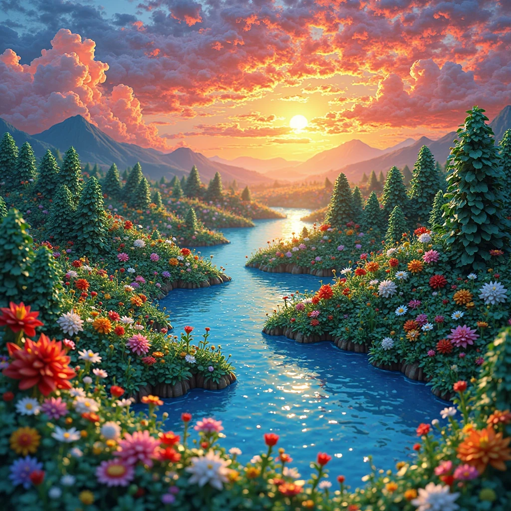 A flowery landscape taking place during spring. There is a ravine and a sunset.