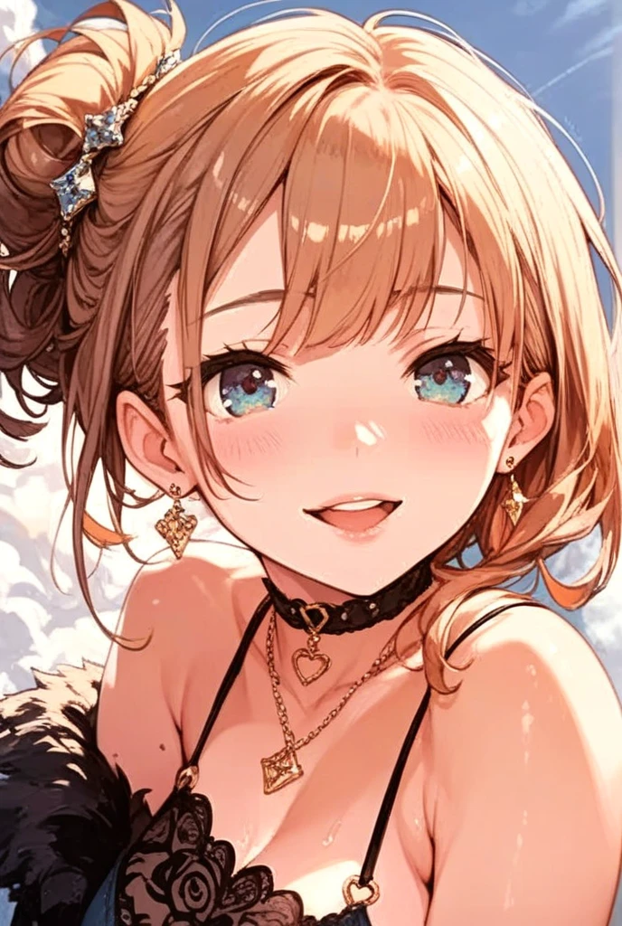 Daiwa Scarlet、cute hair accessorieasterpiece:1.2, Highest quality), (Realistic, photoRealistic:1.4), Beautiful illustrations, (Natural Side Lighting, Cinema Lighting), View your viewers, One girl, Idol Sculpture, high school girl, Perfect Face, Cute and symmetrical face, Sunburn, Shiny skin, thin, (short hair:1.2, Side Ponytail:1.2, Blonde), Parted bangs, Golden Eyes, Long eyelashes, (Large Breasts:0.6), Beautiful Hair, Beautiful Face, Beautiful attention to detail, Beautiful clavicle, Beautiful body, Beautiful breasts, Beautiful fingers, , choker, Wrist Chakra), (Beautiful views), Tropical beach, (Cute smile),Open your mouth、Cute double teeth、