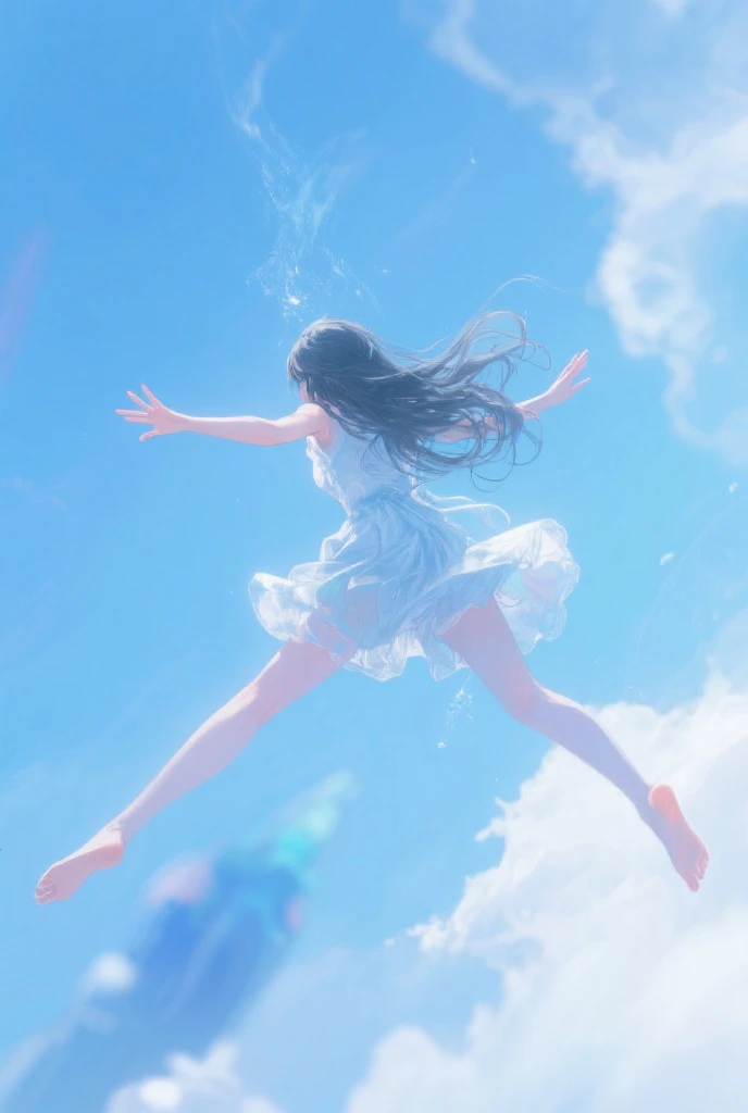 (((A far shot))) of a black-haired anime teen girl, (standing in the (ocean), ((strong sunlight)), cinematic light, slim body, skin is perfectly healthy, soft, and smooth, Extremely delicate and beautiful CG illustration, best quality, high resolution, dynamic angle, full-length lens, (1 girl), floating, soft light, high-key lighting), glowing light, blue halo, feathers fluttering background, blue crystal, (((wearing (nothing) but a white (pure) (transparent) tank top))), ((very cinematic)), (((half naked))), feet visible, barefoot