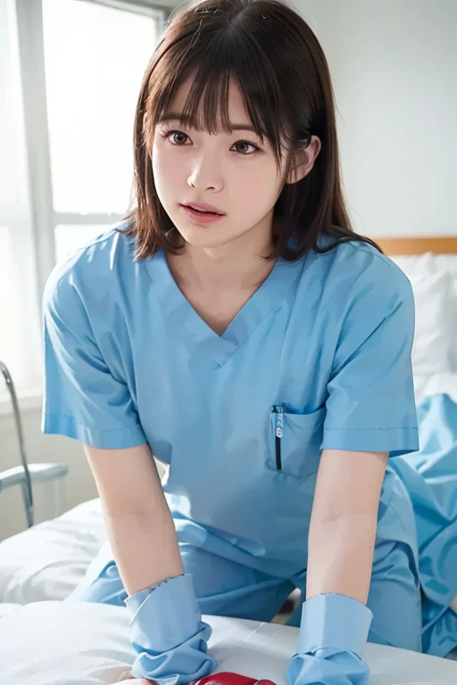 Highest quality, (Beautiful nurse:1.2)、Sit on a chair with your legs open、Shoot from above、Spread your legs、looking at the camera、Larger breasts、Embarrassed、Close-up