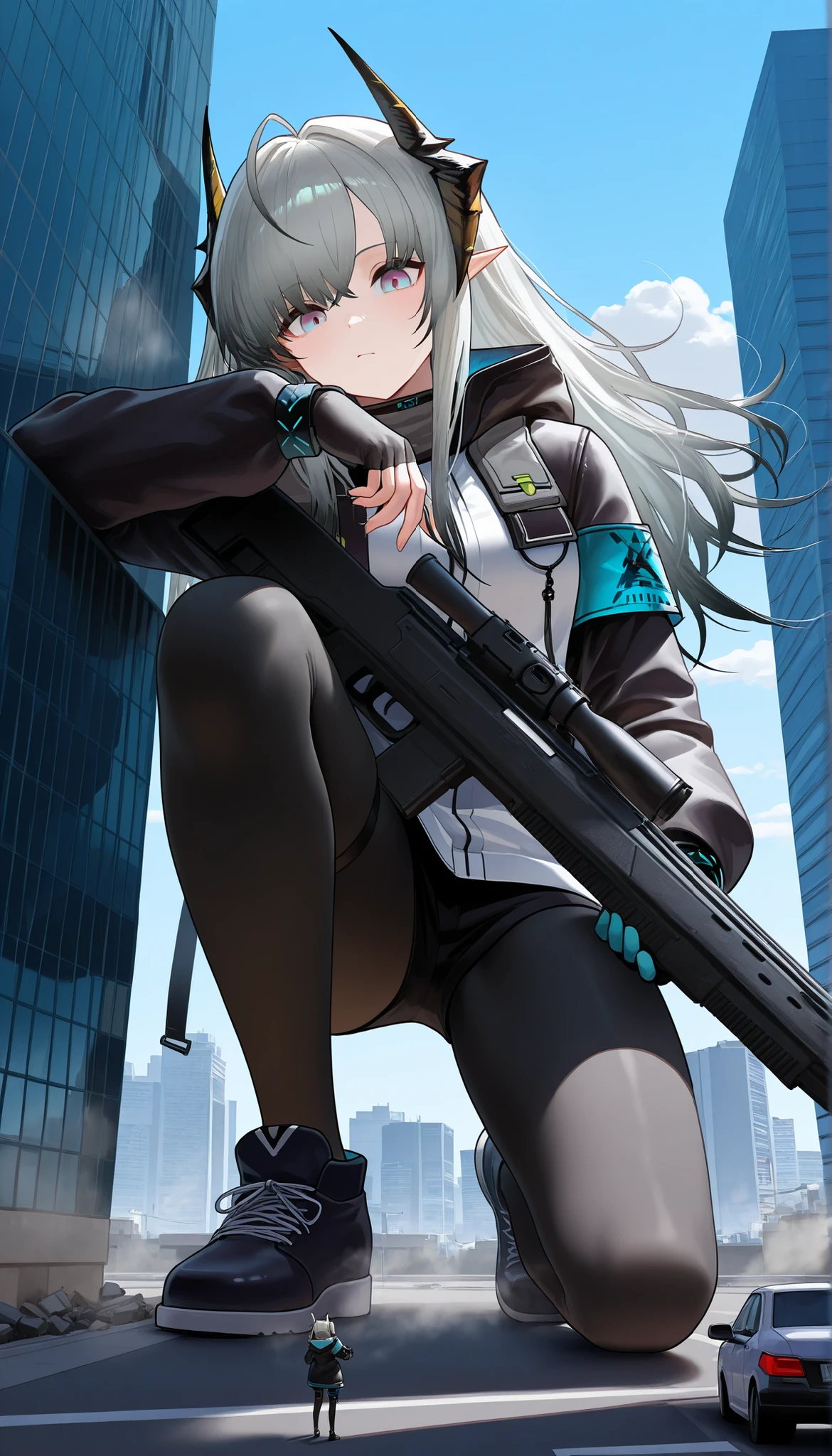 1girl, solo, jacket, weapon, gun, leaning on a building, sqatting with one knee, carefully, alert,, ela_arknights, masterpiece, best quality,giantess,銃を足元に向けている,深い緑色の髪,軍用装備,帽子,
