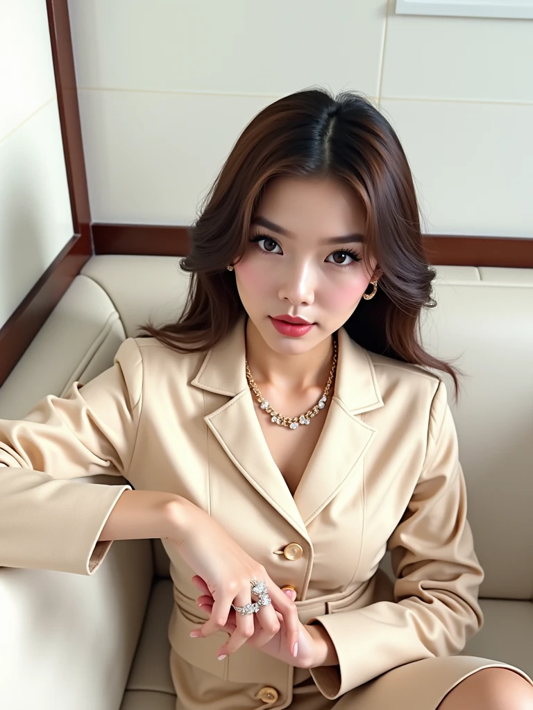 Jewelry advertisement worn by a sexy Asian model in elegant jewelry colors
