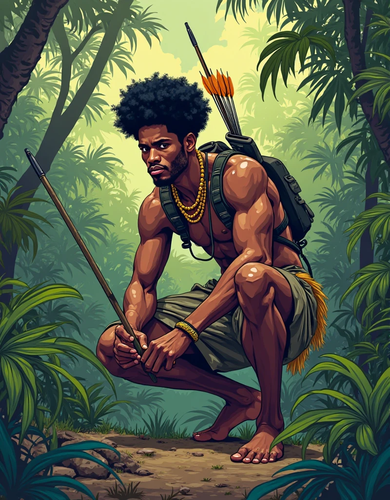 Black Oxossi with short hair holding a bow in his hand in the middle of the forest, black and white color, with a headdress on his head
