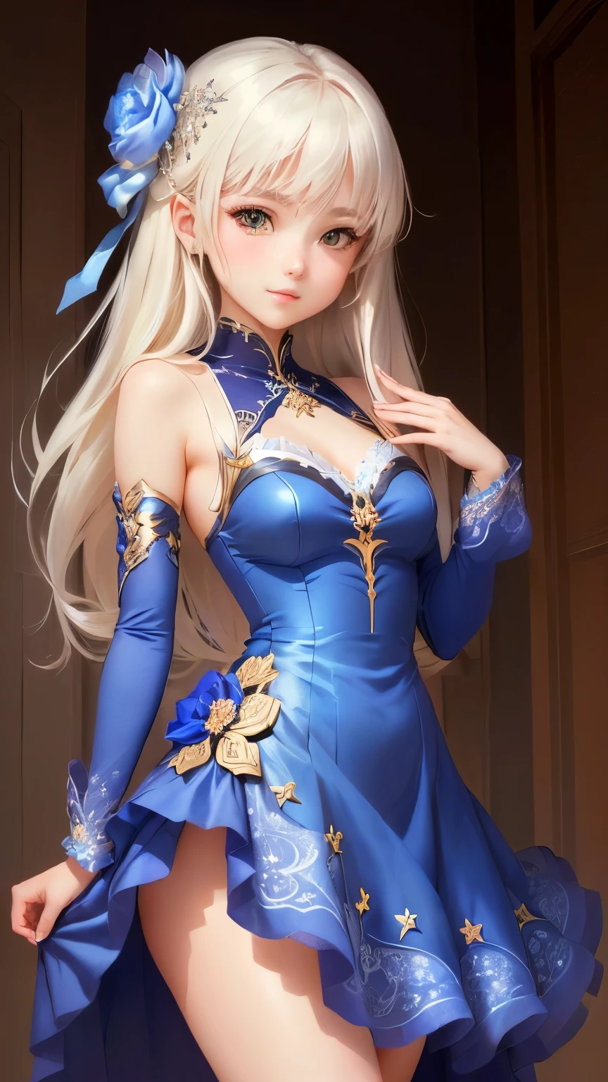 Obra maestra, best quality,Zelda (princess) black_long_hair, 1girl, blue_eyes, (adult_girl), armpit, big_legs, big_hips, ribbon_hair, open_legs, half_smile, long_socks, white_drees shorts_pantie_dress.
