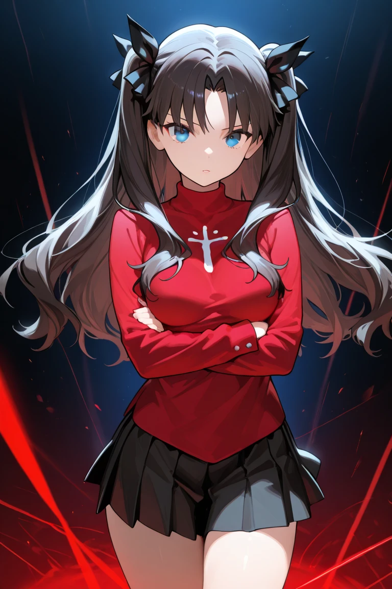 Rin Tohsaka, she is standing looking at the viewer playing with a lock of her hair, your face flushed very excited, fully body, work of art, top quality picture, super resolution, High definition, 4K, full hd, well defined and detailed image in the smallest details