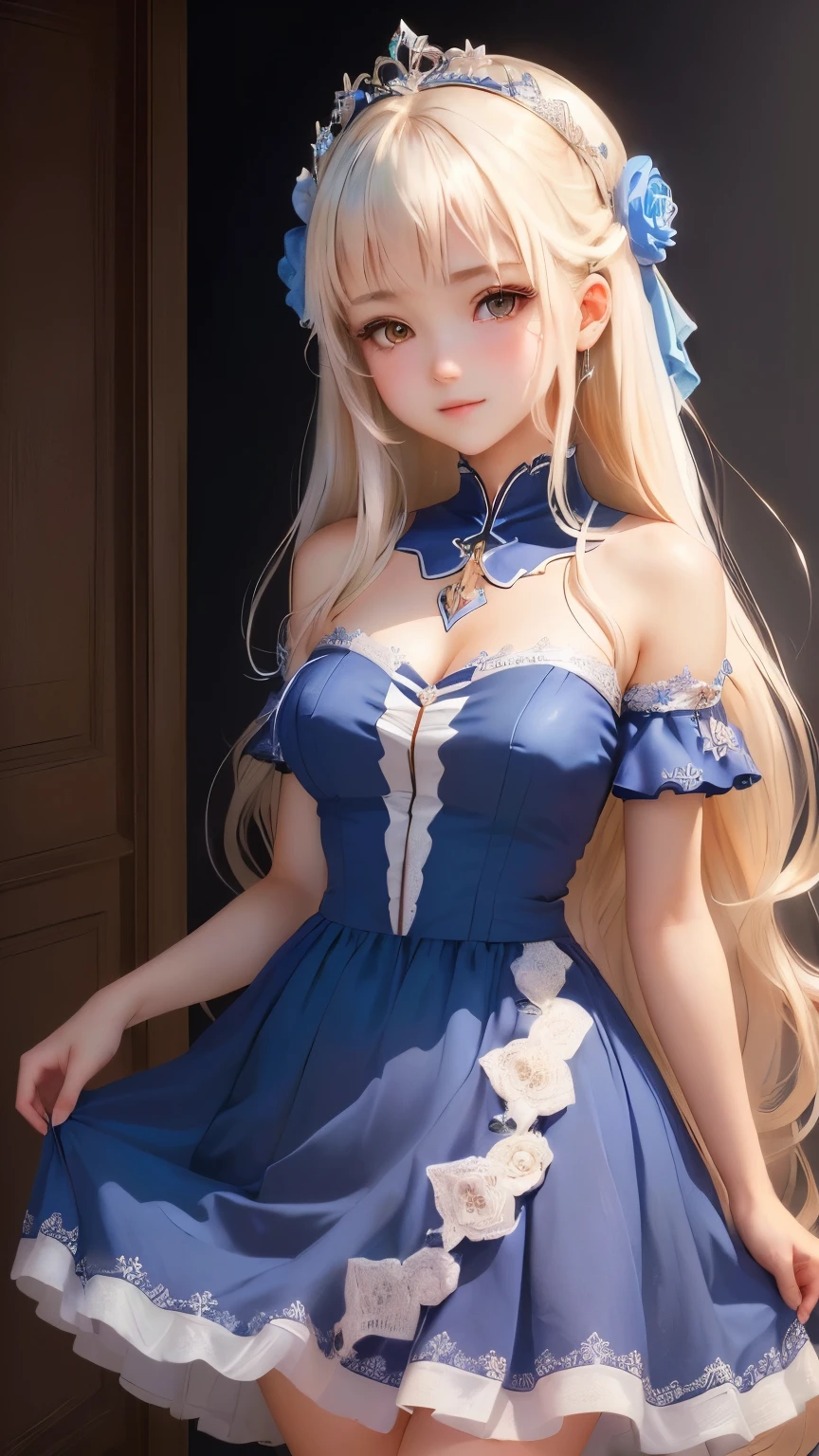 platinum Blonde hair , 1 girl , light blue eyes , flowy light blue one piece , france library background, Masterpiece , Ultra sharp 8 , photorealistic , detailed eyes ,french braids, bangs , hallway ,