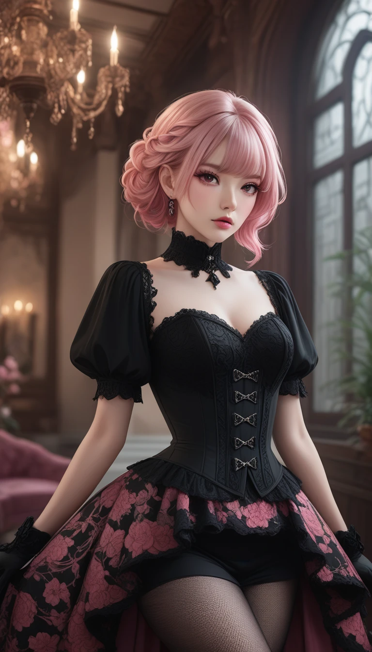​masterpiece, top-quality, ((1womanl)), Adults, different color, finely eye and detailed face, intricate detailes, Casual black and white attire((Sexy clothes)), window, A smile, Happiness, tenderness, high-level image quality、 selfee, Beautuful Women、tall、a small face, D-cups, The upper part of the body、nightfall, nighttime scene、𝓡𝓸𝓶𝓪𝓷𝓽𝓲𝓬、Korea person, Idol Photos, Model photo, k pop, Professional Photos, Vampires, Korean fashion in black and white, Fedoman with necklace, inspired by Sim Sa-jeong, androgynous vampire, :9 detailed face: 8, extra detailed face, detailed punk hair, ((eyes are brown)) baggy eyes, Seductive. Highly detailed, semi realistic anime, Vampires, hyperrealistic teen, Delicate androgynous princess, imvu, ((short hair woman)), Pink hair woman with wild look, Sexy look, ((Woman with short pink hair)), ((1 persons)), Sit down and sexy pose,