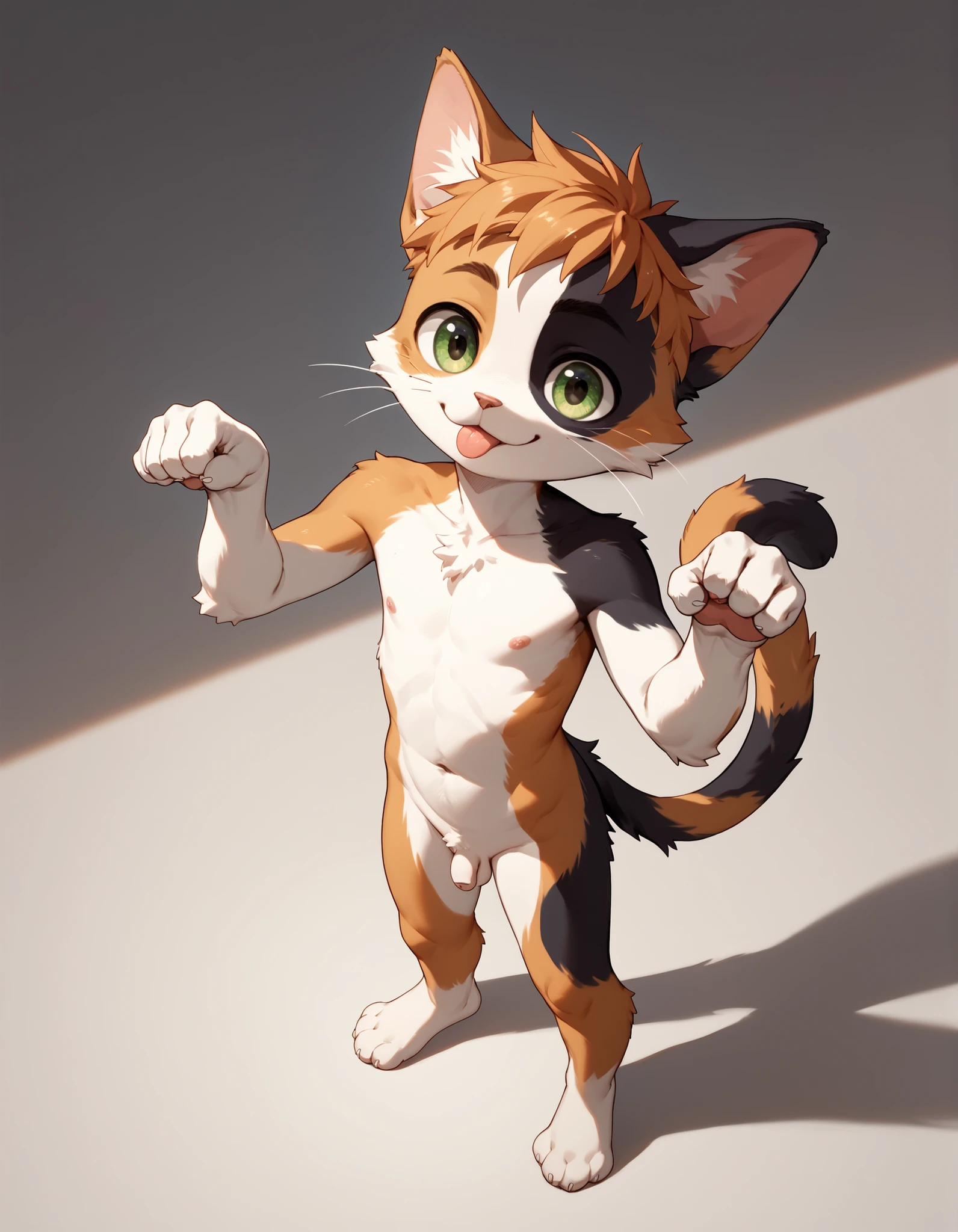 Kemoshota, close-up, paw pose, short height, short statue, cat whiskers, cat tail, smiling, closed eyes, open mouth, blush, tusk, looking up, happy, meoooooooooowwwwww