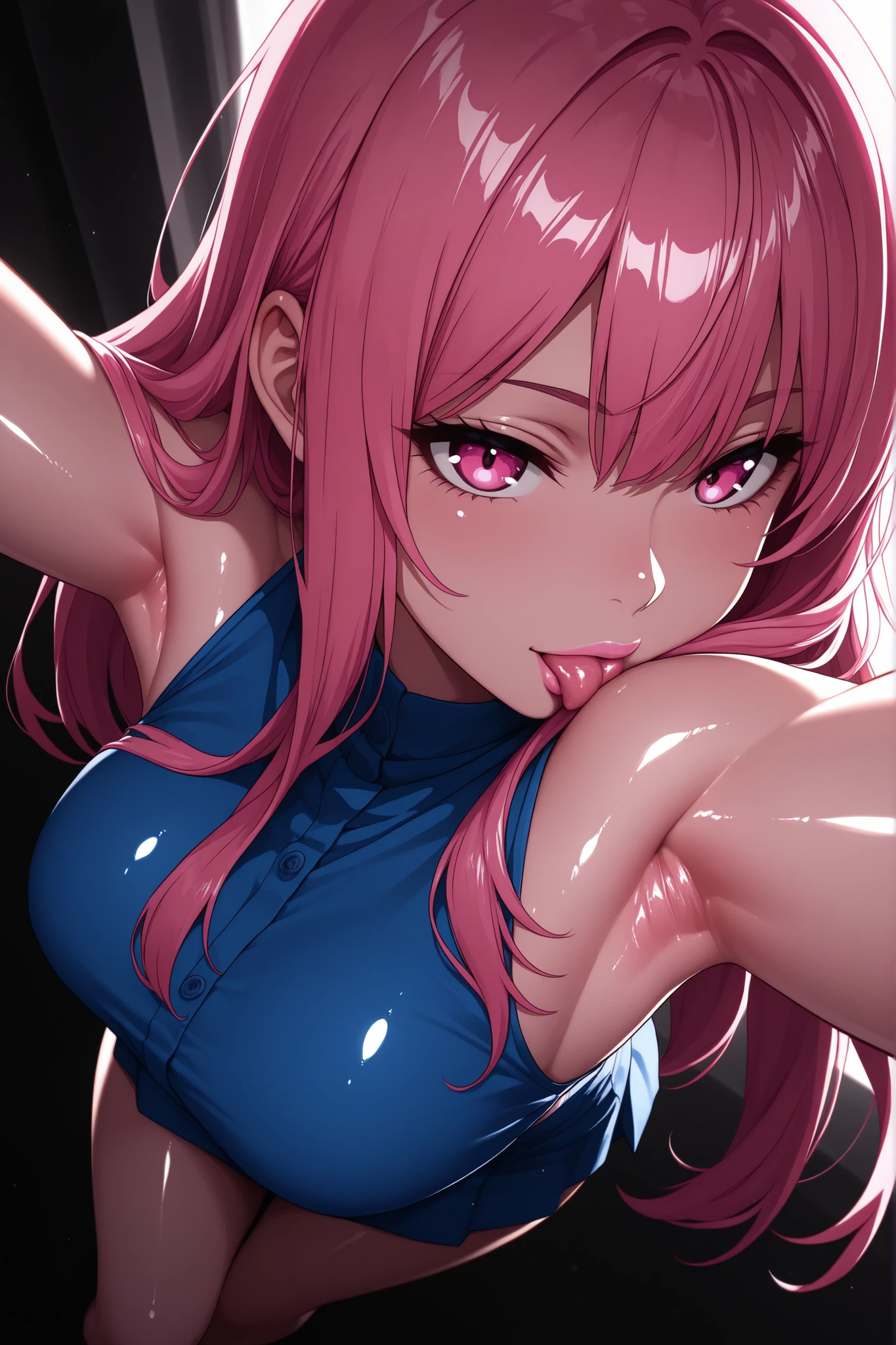 face close-up, best 8K full hd resolution, masterpiece, highly detailed face, cute girl, pink straight long hair, big deep pink round eyes, winking, cheerful expression, cute atmosphere, hearts around, open mouth, big breasts cleavage, wearing tank top and jacket, cheerful rainbow background.
