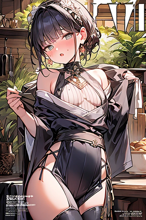 a girl,Wearing a slit cheongsam,black hair,Blatant clavicle,No underwear,The belly button is exposed and the abdomen is visible