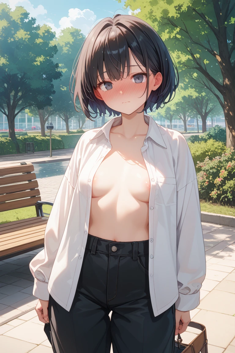 (best image quality, 4k, high quality, masterpiece::1.2), ((masterpiece)), high detail, high quality, best image quality, ((high quality, NSFW)), cute,  , low length, medium breasts, Bokeh, degrees of freedom, portrait, (cute illustration:1.2), High resolution, Super detailed, 最high quality, bare shoulders, Anime girl posing for photo, seductive anime girl,anime moe art style,Best Anime 4K Kona-chan Wallpaper,Anime drawn by Shitao,18 yo,(black knee high socks:1.3), (black short hair, fluffy perm:1.3),plastic frame eyewear,smile,black hoodie,shorts,to lift up one's hoodie,nude,No bra,fluffy chest,(in the park),(in crowd of men:1.5)