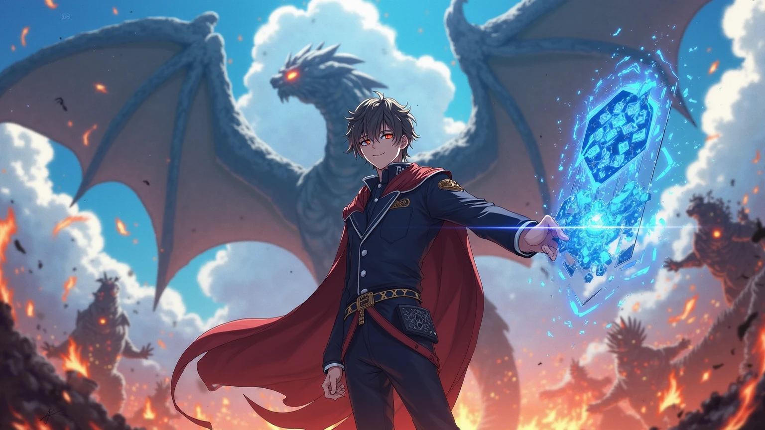 A boy with short black hair, with one hand in his pocket, biting grass, charming red eyes, with a bright smile on his face, wearing a brown robe, holding a long sword, flashing sword light, lightning background, half-body close-up, dotted with fire, heroic, (there is a Evil Dragons Filling Space: 1.5)