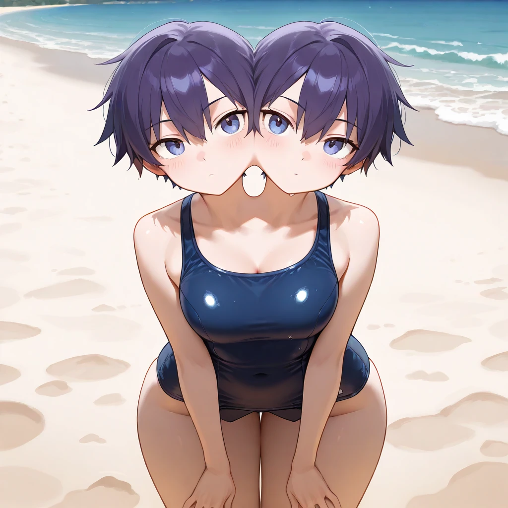 Masterpiece,best quality,ultra detailed,Girl, extra short hair , boyish, short hair, flat chest, NSFW, ocean, beach, sand, rocks, sex,cumshot,