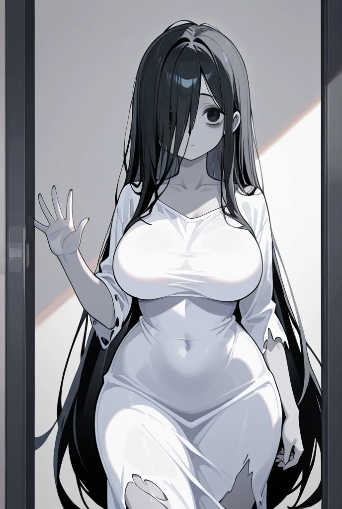 Young women,Black long hair,big eyes,Beautiful face,Wearing a black loose T-shirt,Having male genitalia,The hem of the T-shirt covers part of the lower body,Male genitals push up the shirt,Kneel in front of the mirror,Hands grasp the chest,Breast deformation,Fingers sink into breasts,Expression of surprise and confusion,Stick out your tongue,White fluid leaking from chest,Red cheeks,Slight sweating。