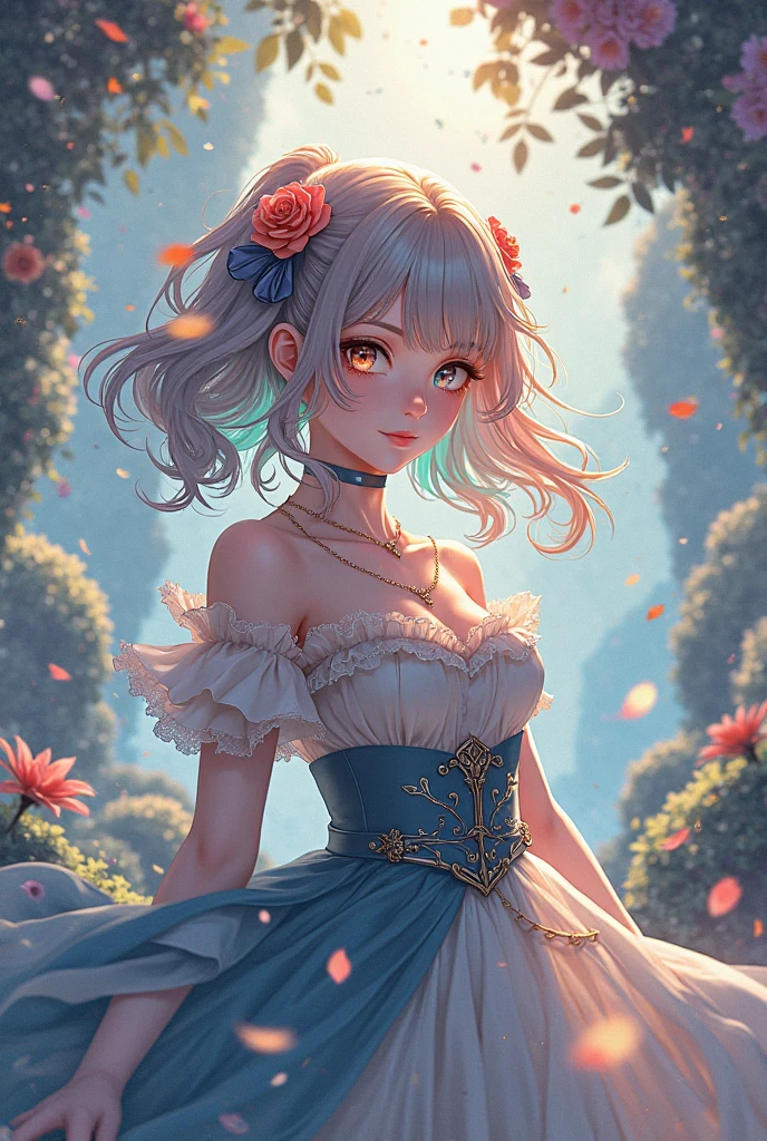 a pretty anime princess is shown in the picture with flowers in her hair, 1girl, flower, solo, pink flower, bare shoulders, cleavage, middle-breasts, twintails, looking at viewer, blue eyes, pink rose, strapless, long hair, collarbone, off shoulder, rose, hair ornament