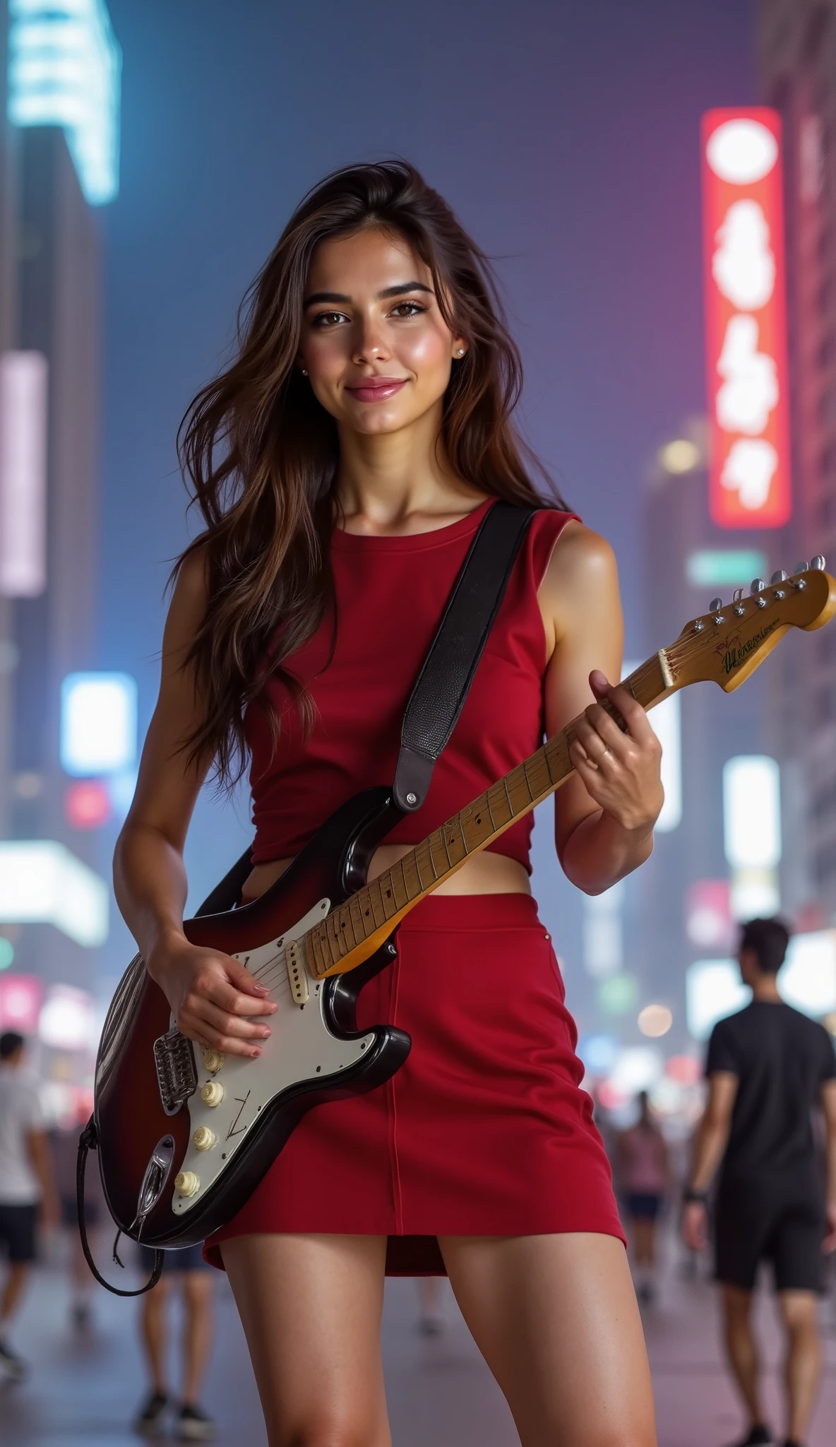 a pretty girl in red mini skirt is playing electric guitar