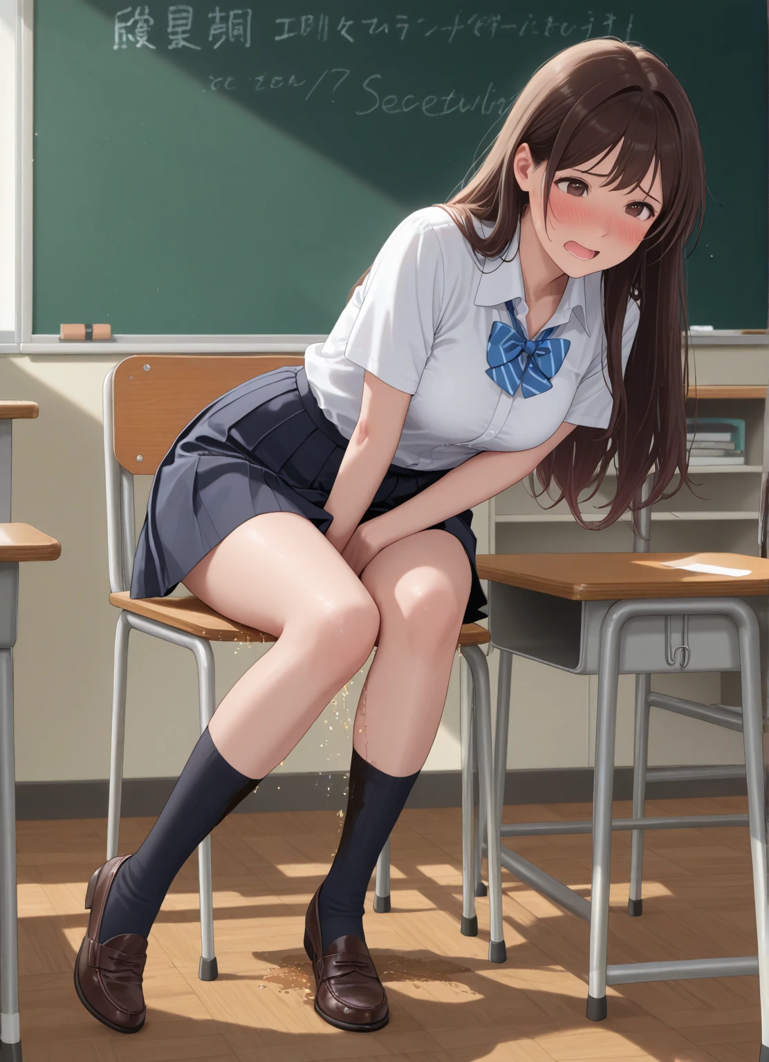 highest quality、masterpiece、1 girl、(Ahoge)、(blush:1.5)、(smile:1.5)、((fun!!))、cute、()、、high school girl、((classroom:1.5))、()、、Kamimei、look at me、(No panties:1.3)、((shaved pussy:1.5)), ((red bow tie, , black jacket, open jacket, white cardigan, white shirt, black skirt, plaid skirt、black socks))、 (No panties:1.3)、((shaved pussy:1.5))、(highly detailed closed labia:1.5)、((pee is coming out:1.8))、peeing、