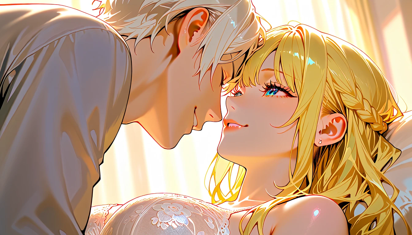 source_anime, rating_explicit, score_9, score_8_up, score_7_up, 1boy, twink, portrait, indoors, medium length hair, brown skinned male, hair over eyes, ((brown skin)), browm boy, boy, messy hair, ikuchan, black hair, masterpiece, high-quality, BREAK, 1girl, female, white skinned, light skinned female, dominant light skinned female, kissing, femdom, large white female, ((size difference)), lumine, genshin impact, duo, Heterosexual