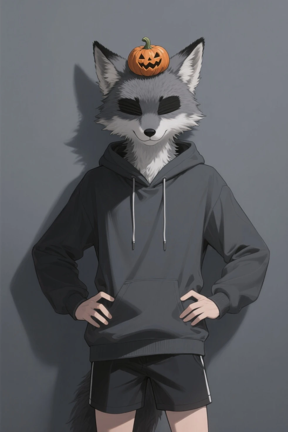 Generates a brown 2D anime-style boy furry wolf with a pirate patch on his left eye. Also add a light gray sweater with black horizontal stripes on his sweater so that the environment is his room.