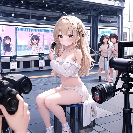 Highest quality,masterpiece,An idol group made up of junior high school girls,Completely naked,Nipples,Dark hair color,A good friend,Nude gravure shoot,During a break,Photo studio,chatting,enjoying shooting