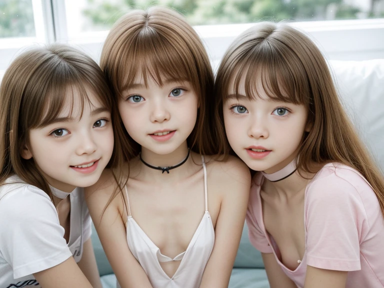 (3 girls), young faceอินโดนีเซีย, smile, white skin, Round breast, blue eyes,Heart braid, random color tank top, masterpiece, Highest quality, 8ก, beautiful girl, young face、 photography, Cute face, thigh,In the summer meadow at night,、รอยsmile、((((((12 years))))))、small waist,blue eyes(((big breasts:1.0)))