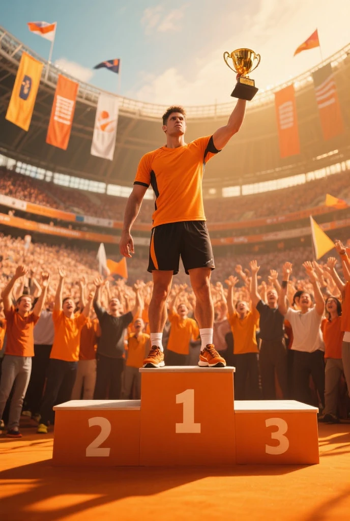 Olympic medalist running with the Olympic torch in his hand entering the stadium with a gold medal around his neck 