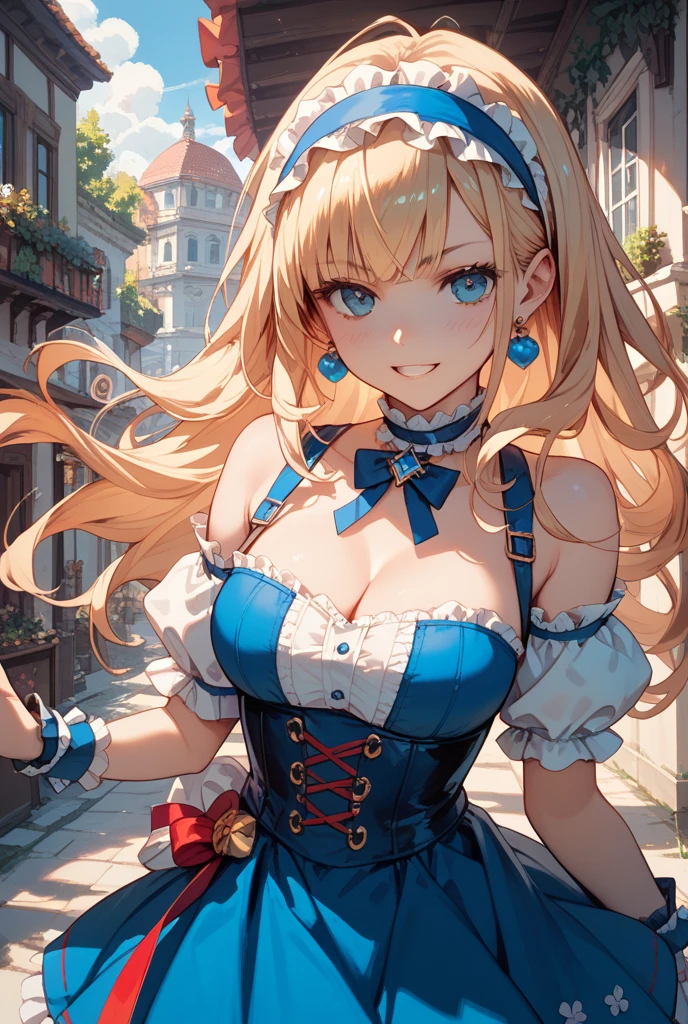 ultra detailed game CG, (High resolution:1.1),(absurderes:1.1), Best Quality, Ultra high definition, The highest resolution, Very detailed, Anime, 1girl in, (Skirt lift:1.1), Blonde hair, Blue eyes, White blouses, (White panty:1.2), Blue Ribbon, corsets, broach, under the boobs, thighs thighs thighs thighs, sit on stairs, Medieval European Streets, (Wind:1.1)