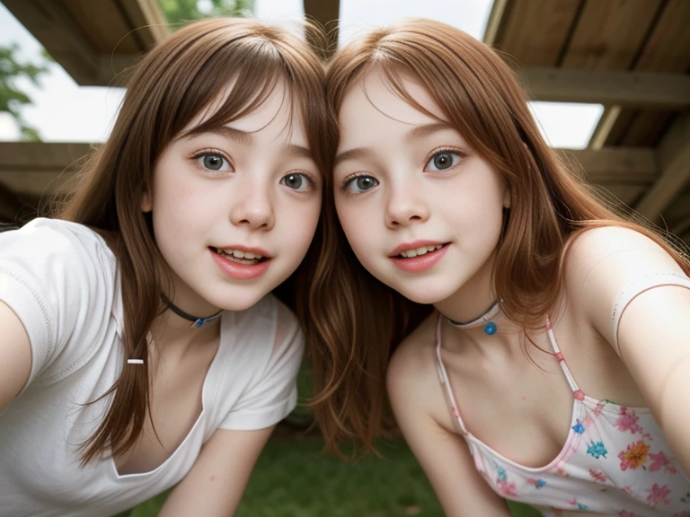 Tall teenage girl with silky shiny hair, blonde with bangs and blue-green eyes taking a photo with a red-haired boy with freckles and light brown eyes smiling at her side