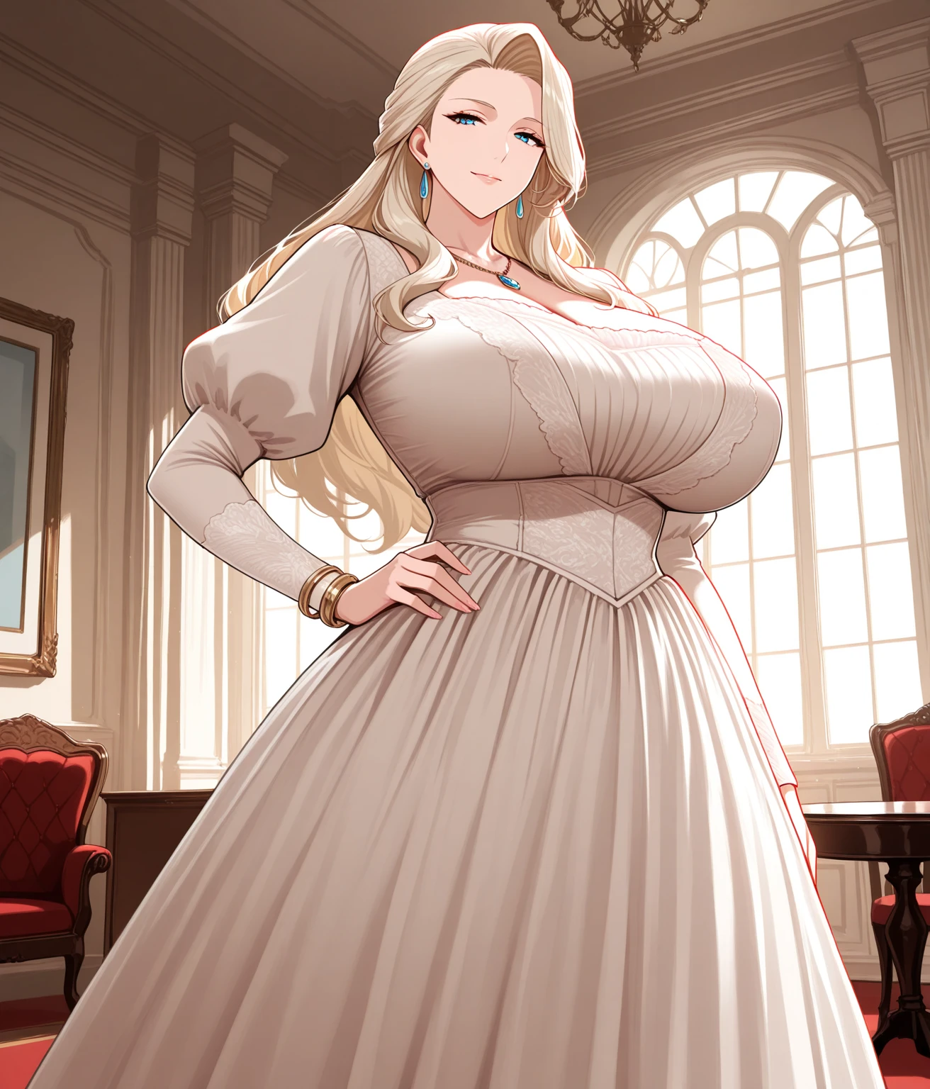 A woman wearing a white dress with silver details on the dress, blonde hair, blue eyes, in a tower of a sophisticated medieval castle, open tower overlooking a large open field and a sea in the distance, smiling, big breasts,, HDR , ultra resolution, very detailed, masterpiece, HD 8K, (solo, just one girl)

