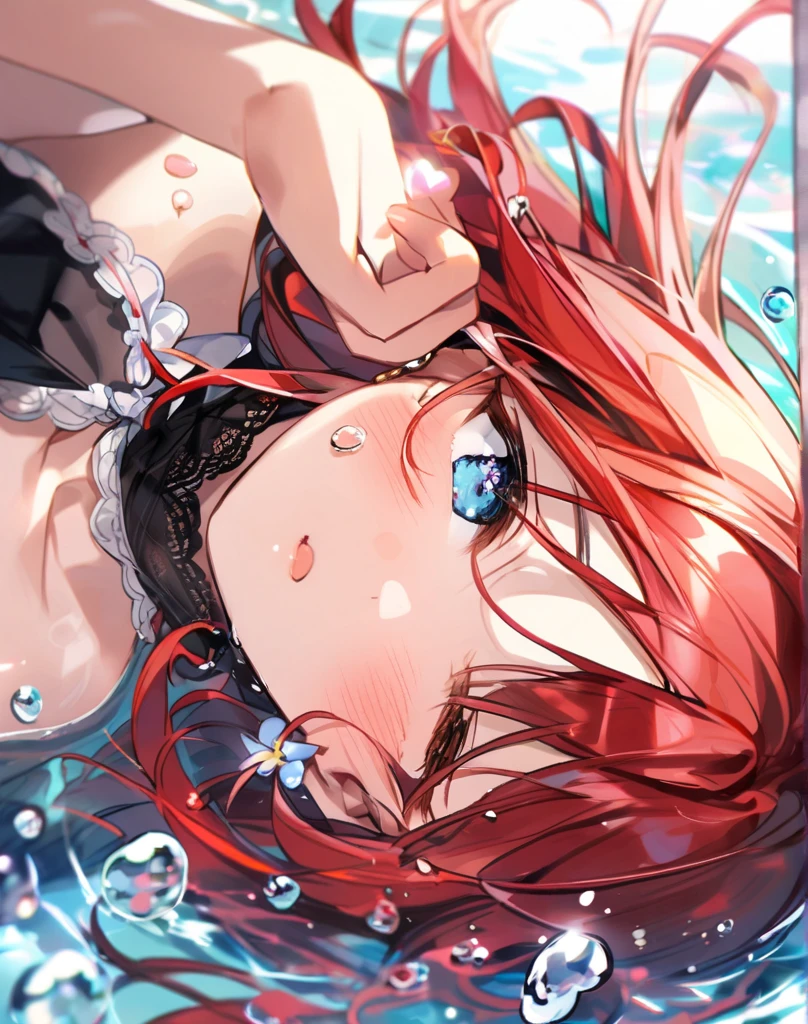 ((best quality)), (ultra-detailed), ((extremely detailed)), (beautiful), ((kawaii girl)), (black:1.3) hair, red (colored inner hair:1.2), long hair, straight hair, swept bangs, asymmetrical bangs, hair intakes, ahoge, kind smile, red eyes, medium large breasts, BREAK, bikini, beautiful scenery, underwater, water drop, dynamic lighting, light particle, sunlight, shadow, [Colorful young fishes], (air bubble:1.2), reflection, extremely detailed CG unity 8k wallpaper
