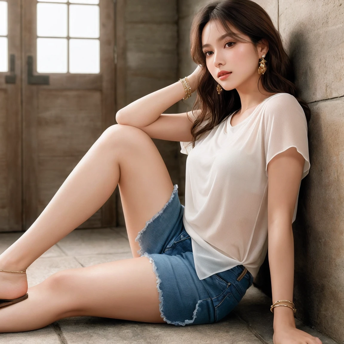 Ultra-realistic image capture, very detailed,. The skin texture must be natural.,Big T-shirt,Big T-shirt,Wear only a t-shirt,T-shirts for men,The length of the t-shirt is about thigh..、sexy,Beautiful feet,Stand with honor,Wear high heels,