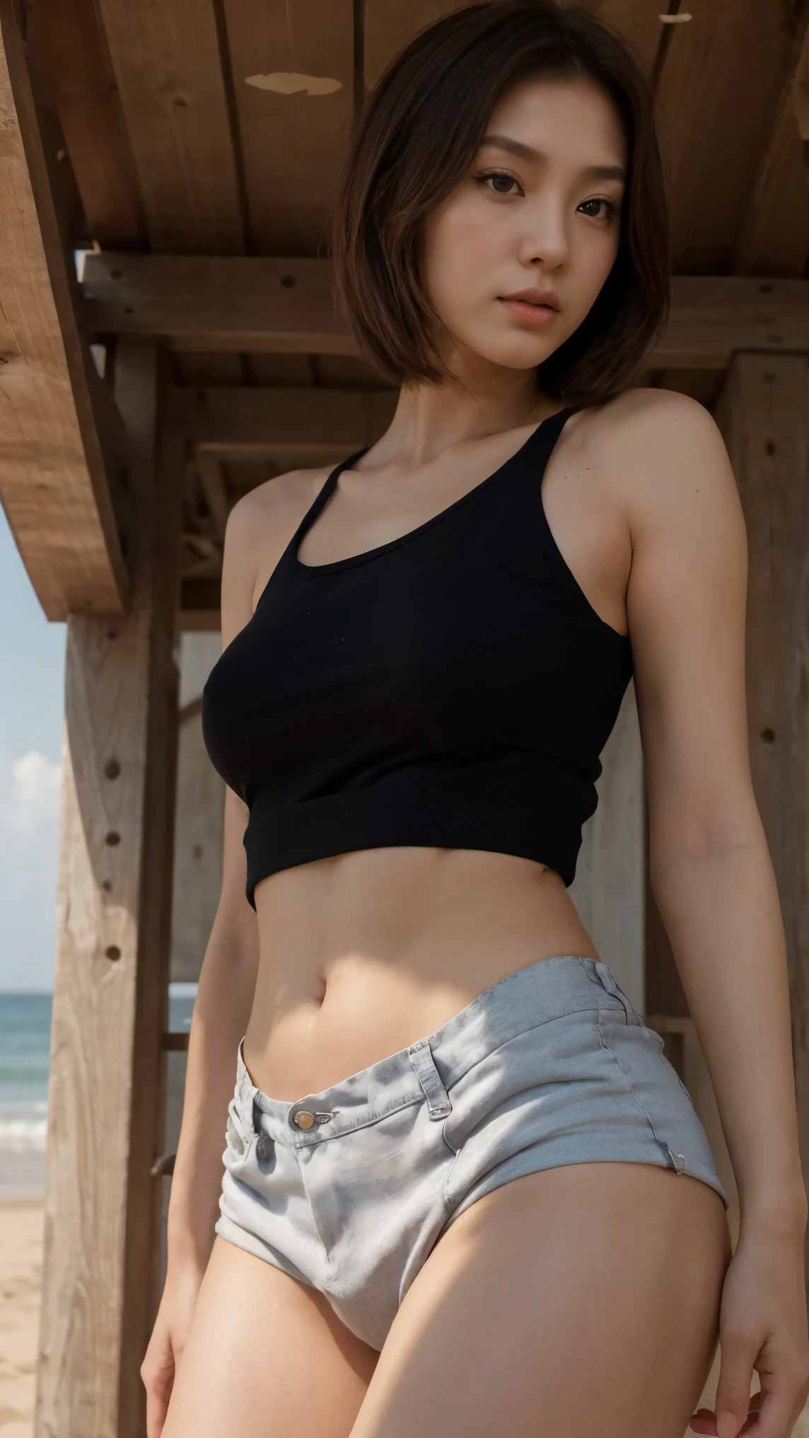 Top quality, 1 beautiful woman, super short Hair, gold hair, wearing Camisole, Scowling, Sunlight, at beach, 
