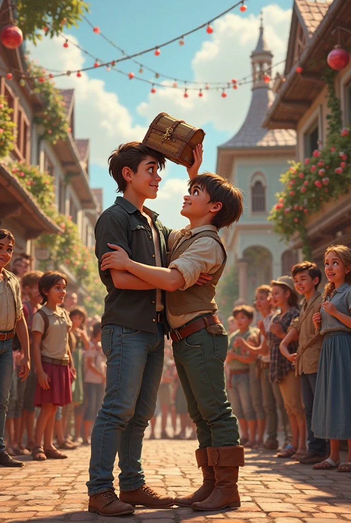 11 year old boy with an hourglass necklace around his neck and 27 year old man with stubble walking in a medieval fantasy market