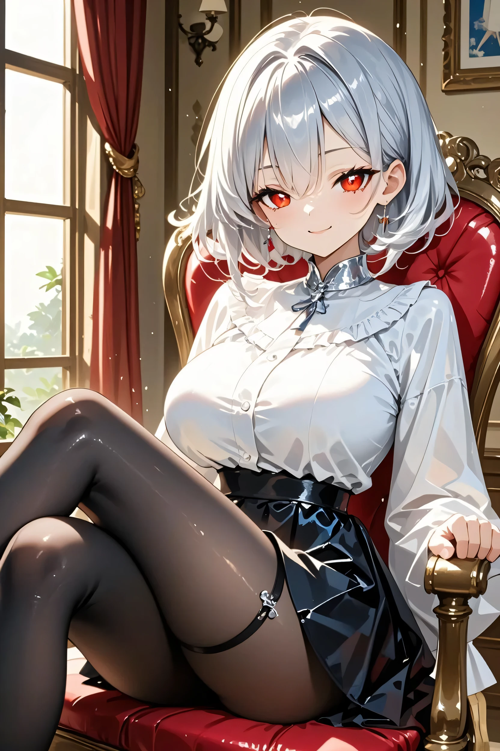 (Confused, High resolution, Very detailed), 1 female, Silver Hair, Long Hair, Reddish brown eyes, Dark suit skirt, lace thong, secretary, Low Ponytail, 24th generation, Beautiful woman, mature, thin, quiet, Calm, Large Breasts, A small smile, sofa, sitting,