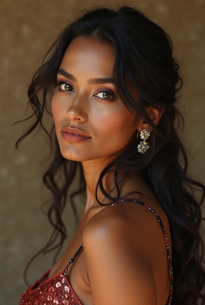 Higher resolution frontal portrait photo of a woman named Lydia Grace, showcasing a radiant oval face that exudes an irresistible elegance and charm. Her long, straight, and cascading black hair falls gracefully over her shoulders, adding a mysterious allure to her enchanting appearance. Her mesmerizing light honey-brown eyes, filled with intelligence and warmth, captivate the viewer with their sparkling gaze.

Lydia's features are perfectly balanced, with an elegant nose and softly defined cheekbones that add to her timeless beauty. Her radiant smile, full and rosy, can light up any room, leaving an everlasting impression on