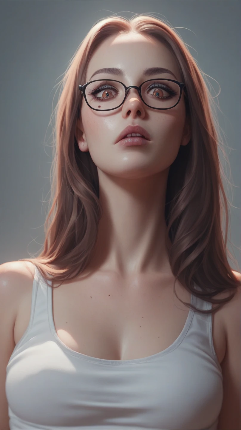 Portrait of {Emma Stone, (with big glasses naked playing video gamer)}, shows all the body, smooth and soft skin, big dreamy eyes, beautiful intricate, symmetrical hair, wide anime eyes, soft lighting, detailed face, by wlop,, conceptual art, digital painting, looking at camera, full body.