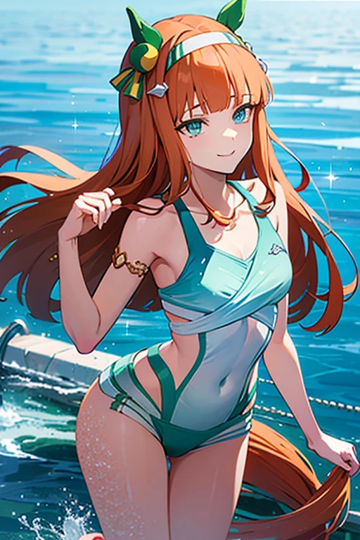 mondaijiasuka, competition swimsuit, red hair bow, brown hair, long hair, bangs, braid, blue eyes, , full body, solo, 1girl, outdoors mondaiji-asuka-nai