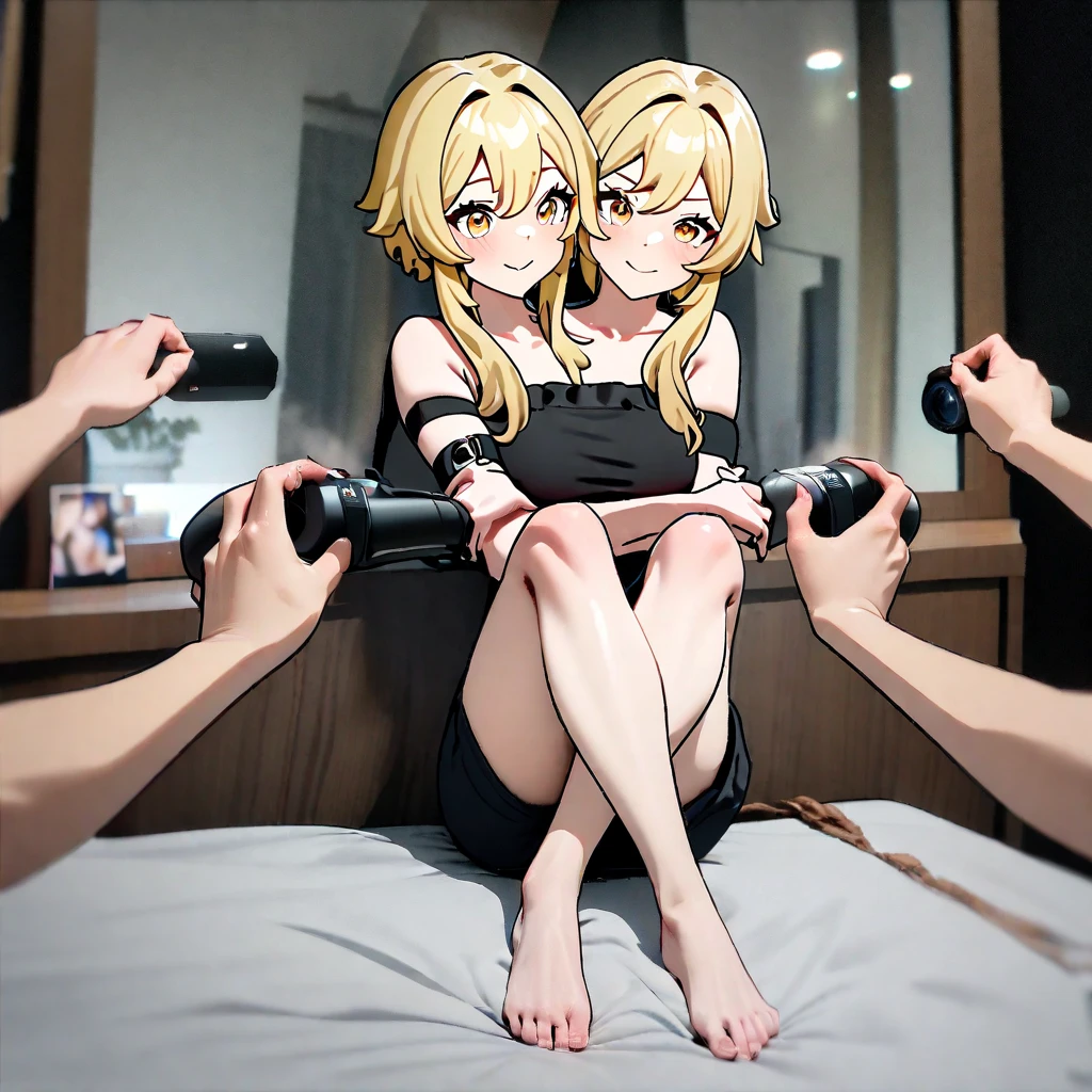 s girl,Wear a bikini,Long cream-colored hair,Open your legs,Large breasts,a baby face,Lie down in bed,(((tmasterpiece))), best qualtiy, illustratio, ((Young teengirl)), Beautiful detailed red eyes,((adolable))full bodyesbian, Focus only on happiness,Top-down view