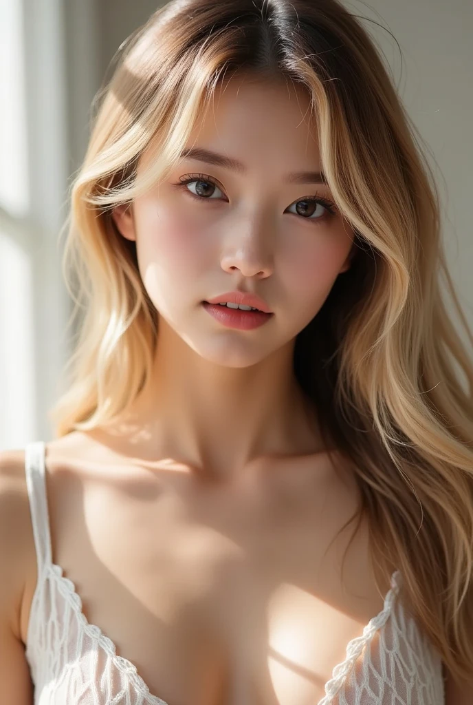 (realistic), (hyperrealism),best quality, masterpiece,ultra high res, (photorealistic:1.4),1girl,simple background, upper body,bare shoulders,blonde,