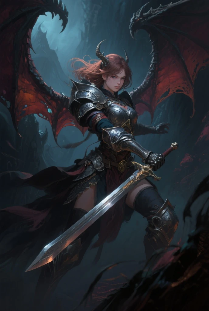 fantasy girl, sword, black dragon