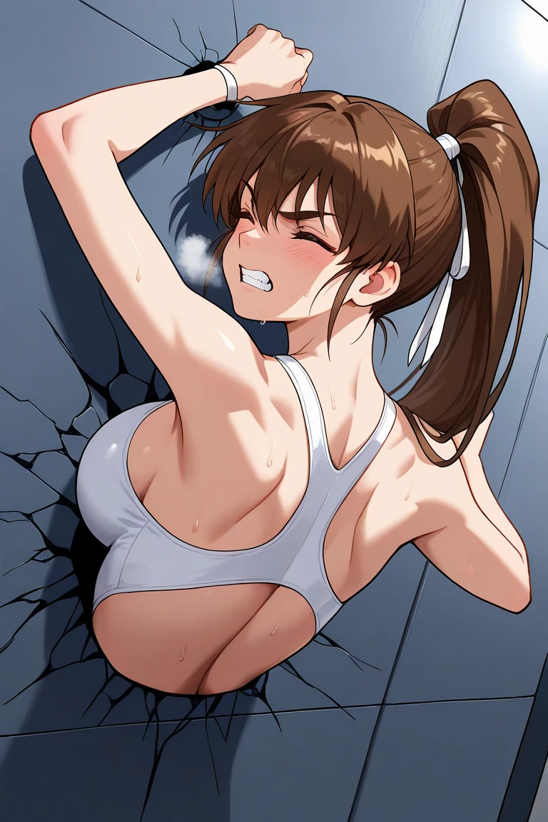 masterpiece, super fine illustration, best quality, light particles, ultra-detailed, 8K wallpaper, (bright colors:1.2), a , big breasts, (brown short hair, ponytail), shiny hair, shiny skin, oily skin, nipples, ((white gym uniform, short sleeve, high-cut red bloomers)), (lift up:1.3), (nipple, navel), (beautiful brown eyes, shiny eyes, orgasm face), (blush), arched back, ((hands down)), (man), (vaginal penis:1.2), hetero, (girl sit astride on man:1.2), (girl on top), man in below, (intense Sex:1.6), (cum out), (indoor, locker room), sunset, nsfw, (pov),