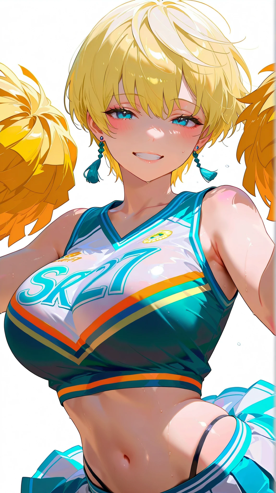 ram invader, detailed breasts,open your mouth wide and stick out your tongue、Drool、 anime dick, (tiger print cheerleader: 1.2), leg high kick、(white panties:1.4),muste piece, best quality, open mouth, tooth, ultra-detailed breasts, Yellow eyes, cute eyes, detailed face, a cute girl, big chest, red face, (wet with water: 1.2), Generally poor breasts, areola slip, (Position where panties are visible:1.5), (beautiful breasts: 1.2), (with a bright light source: 1.2), (heart shaped pupils opening their clothes: 1.5)