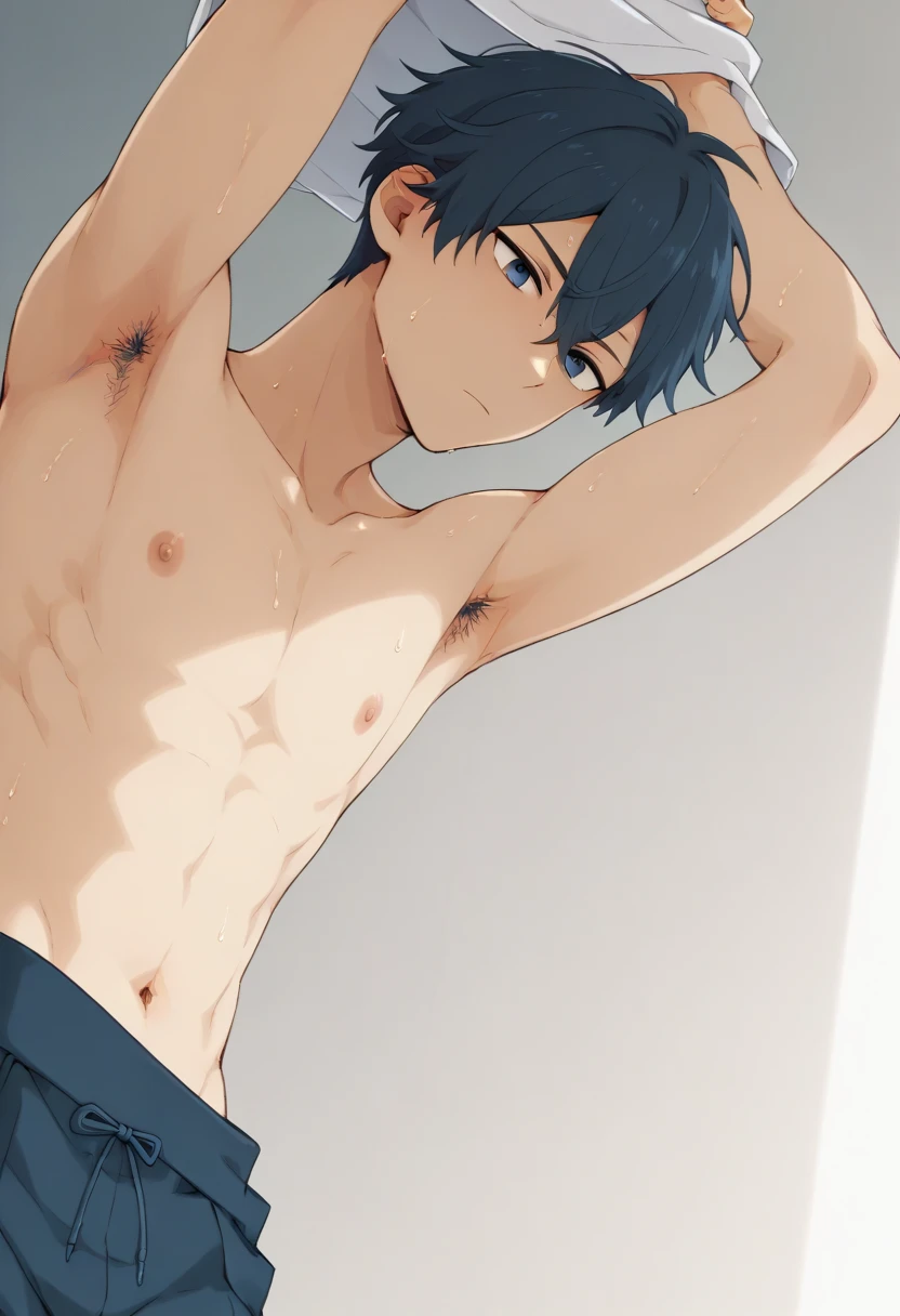 score_9, score_8_up, score_7_up, source_anime, NREAK,  flat color, anime screencap, solo, ikuchan, 1boy, twink, nude, matoi rykou, genderswap, genderbend, indoors, clothed, outfit, masculine, streaked hair, 