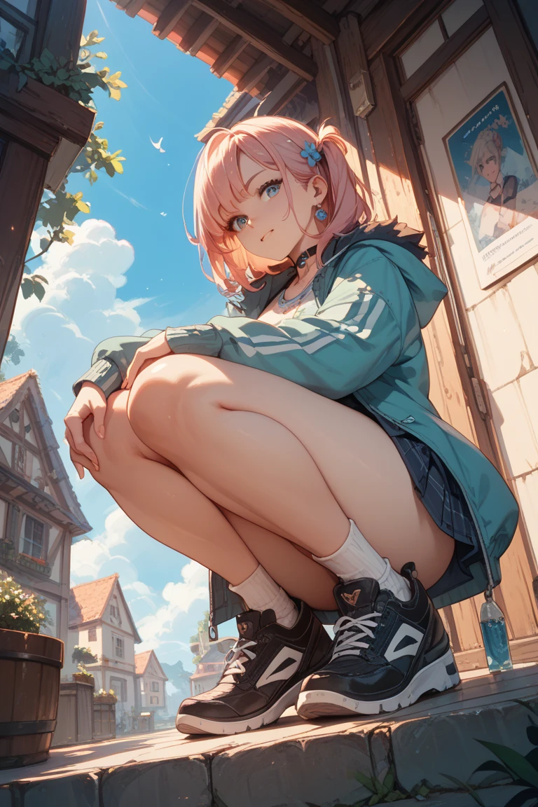 ((best quality)), ((masterpiece)), (detailed), realistic, 8k, a beautiful anime girls, blue eyes, with long pink hair, white tide shirt, body goals, blue jacket, short pants, white sneakers shoes, individual sitting on a park bench. The sun is bright, casting gentle shadows, with golden-yellow leaves on the trees, A serene urban park at midday, with a blend of nature and cityscape in the background The color palette is warm and vibrant, with yellows, oranges, and soft greens, creating an uplifting and motivational atmosphere, The style is soft and illustrated, with smooth lines and gentle textures.